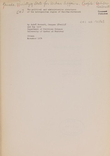Cover for The political and administrative structures of the metropolitan region of Halifax-Dartmouth