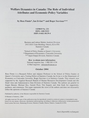 Cover for Welfare dynamics in Canada
