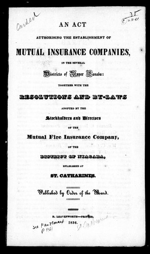 Cover for An act authorising the establishment of mutual insurance companies in the several districts of Upper Canada