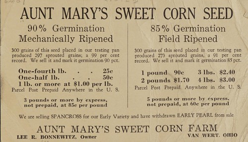 Cover for Aunt Mary's sweet corn seed