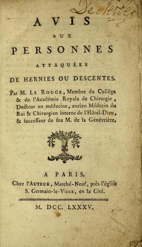 Cover for Avis aux personnes attaquées de hernies ou descentes