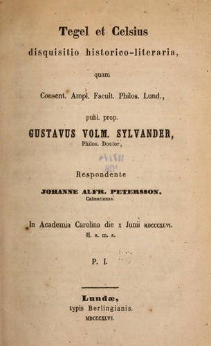 Cover for Tegel et Celsius, disquisitio historico-literaria ...