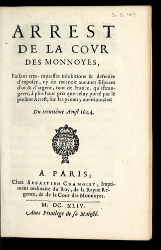 Cover for [Arrests de la Covr des monnoyes]