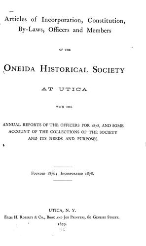 Cover for Articles of incorporation, constitution, by-laws, officers and members of the Oneida historical society at Utica
