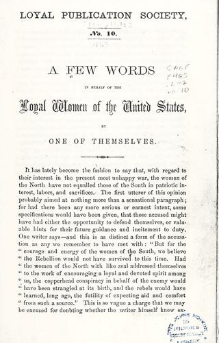 Cover for A few words in behalf of the loyal women of the United States
