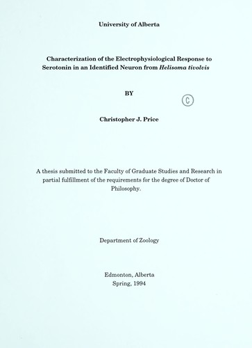 Cover for Characterization of the electrophysiological response to serotonin in an identified neuron from helisoma tivolvis