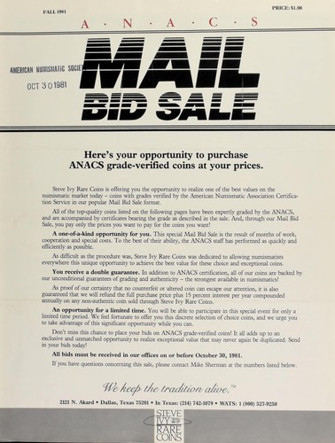 Cover for ANACS mail bid sale ... Steve Ivy Rare Coins