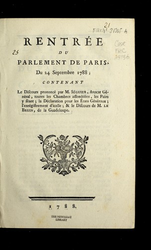 Cover for Rentre e du Parlement de Paris, du 24 septembre 1788