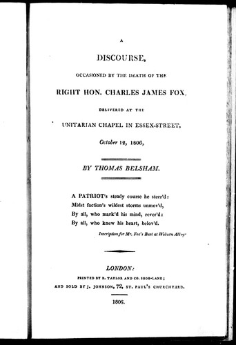 Cover for A discourse occasioned by the death of the Right Hon. Charles James Fox