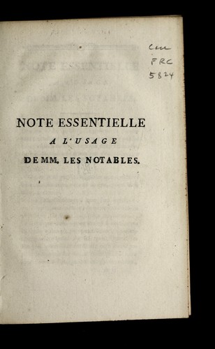 Cover for Note essentielle a l'usage de MM. les Notables