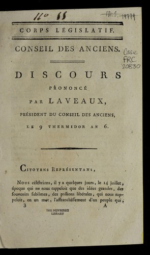 Cover for Discours prononce  par Laveaux, pre sident du Conseil des anciens, le 9 thermidor an 6.