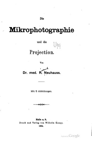 Cover for Die mikrophotographie und die projection.