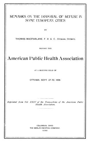 Cover for Remarks on the disposal of refuse in some European cities
