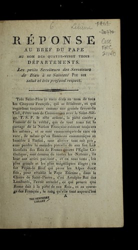 Cover for Re ponse au bref du pape au nom des quatre-vingt trois de partements