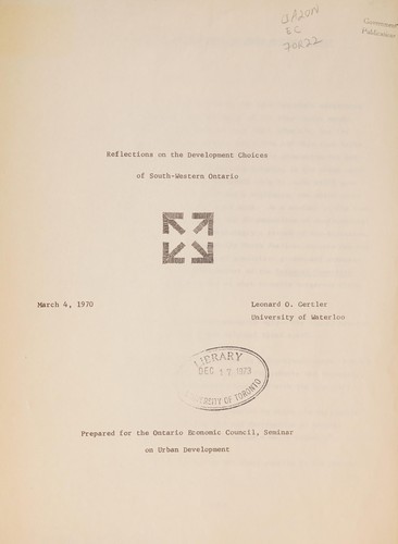 Cover for REFLECTIONS ON THE DEVELOPMENT CHOICES OF SOUTH-WESTERN ONTARIO