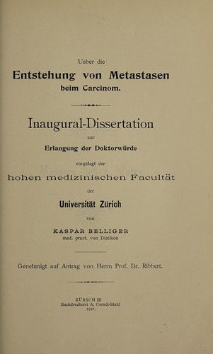 Cover for Ueber die Entstehung von Metastasen beim Carcinom ...