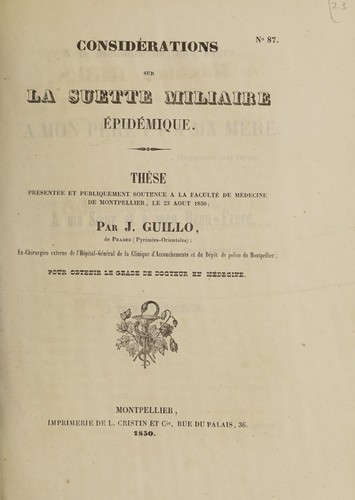 Cover for Considérations sur la suette miliaire épidémique