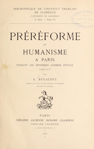 Cover for Préréforme et humanisme à Paris pendant les premières guerres d'Italie (1494-1517)