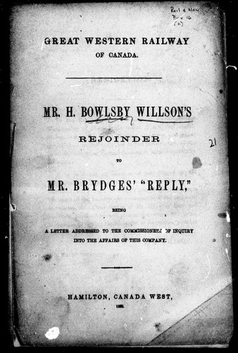 Cover for Mr. H. Bowlsby Willson's rejoinder to Mr. Brydges' reply