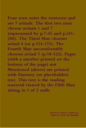 Cover for Four men enter the restroom and see 7 urinals. The first two men choose urinals 1 and 7 . The Third Man chooses ... uncomfortably chooses urinal 5 ...