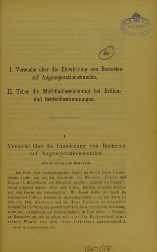 Cover for Versuche über die Einwirkung von Bacterien auf Augenoperationswunden