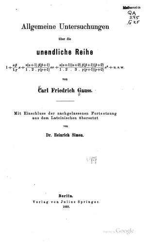 Cover for Allgemeine untersuchungen über die unendliche reihe.