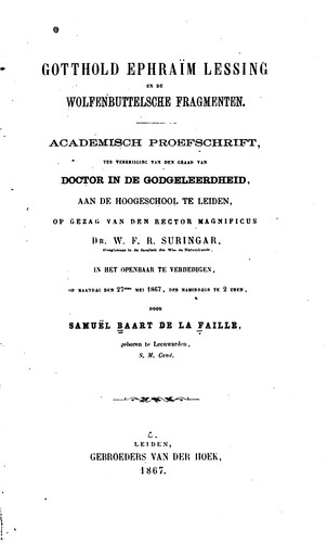 Cover for Gotthold Ephraïm Lessing en de wolfenbuttelsche Fragmenten