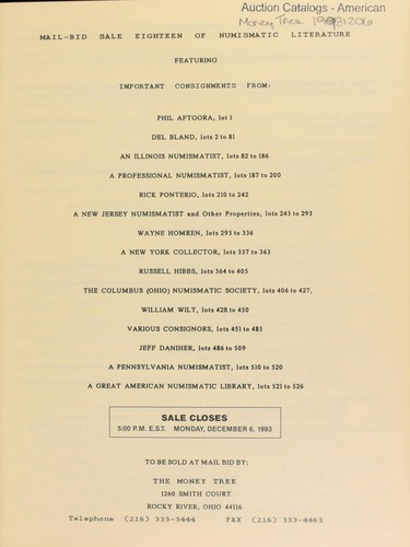 Cover for Eighteenth mail bid sale of numismatic literature, featuring a rare Bangs, Merwin & Co. broadside consigned by Phil Aftoora