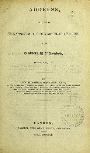 Cover for Address, delivered at the opening of the medical session in the University of London, October 1st, 1832