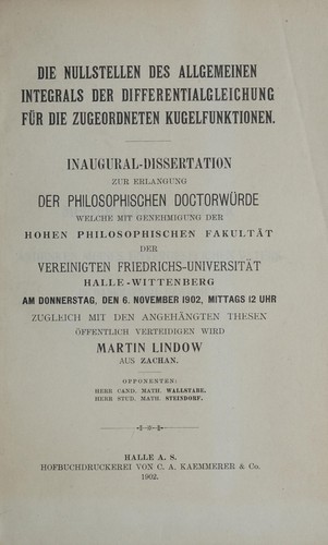 Cover for Die Nullstellen des allgemeinen Integrals der Differentialgleichung für die zugeordneten Kugelfunktionen ...