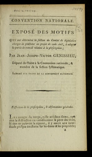 Cover for Expose  des motifs qui ont de termine  la section du Comite  de le gislation charge e de pre senter un projet de code civil, a   adopter la partie du travail relative a   la prescription