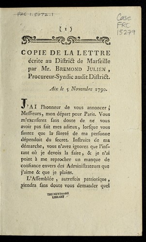 Cover for Copie de la lettre e crite au district de Marseille