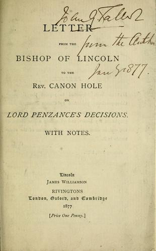 Cover for Letter from the Bishop of Lincoln to the Rev. Canon Hole on Lord Penzance's decisions