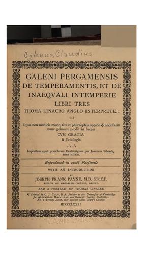 Cover for Galeni Pergamensis De temperamentis: et De inaeqvali intemperie libri tres, Thomas Linacro Anglo ...