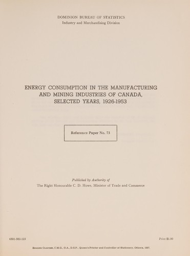 Cover for Energy consumption in the manufacturing and mining industries of Canada, selected years, 1926-1953