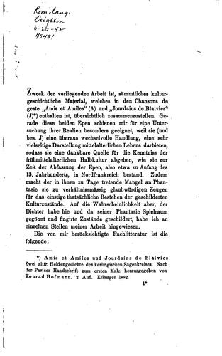 Cover for Die Realien in den Chansons de Geste"amis et Amiles" und"jourdains de ...