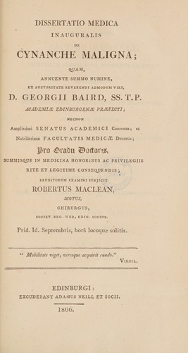 Cover for Dissertatio medica inauguralis de cynanche maligna