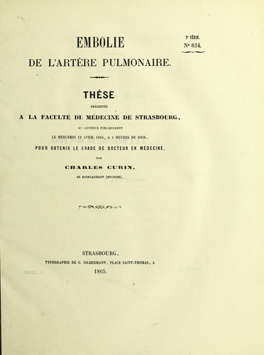 Cover for Embolie de l'artere pulmonaire