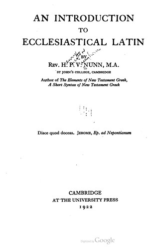 Cover for An Introduction To Ecclesiastical Latin