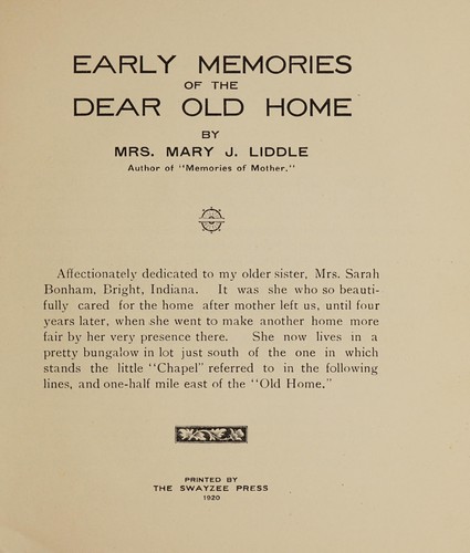 Cover for Early memories of the dear old home
