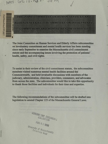 Cover for Subcommittee recommendations