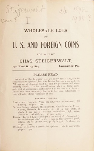 Cover for Wholesale lots of U.S and foreign coins. [Fixed price list I, March 1900]