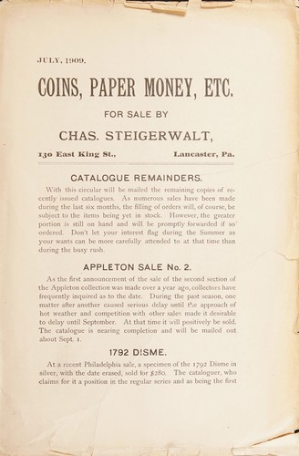 Cover for Coins, paper money, etc. [Fixed price list, July 1909]
