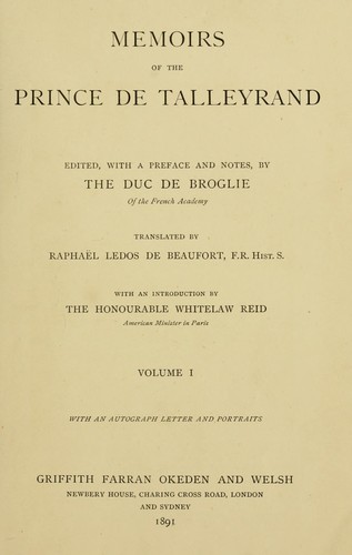 Cover for Memoirs of the Prince de Talleyrand