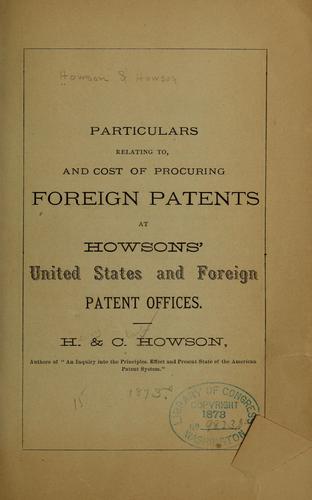Cover for Particulars relating to, and cost of procuring foreign patents at Howsons' United States and foreign patent offices