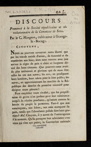 Cover for Discours prononce  a   la Socie te  re publicaine et re volutionnaire de la commune de Sens