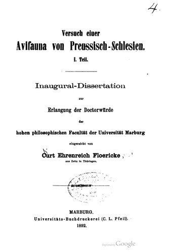 Cover for Versuch einer Avifauna von Preussisch-Schlesien. I. Teil