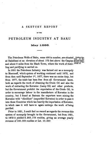Cover for sketchy report on the petroleum industry at Baku, May 1886.