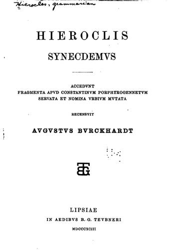 Cover for Hieroclis Synecdemvs; accedvnt fragmenta apvd Constantinvm Porphyrogennetvm servata et nomina ...