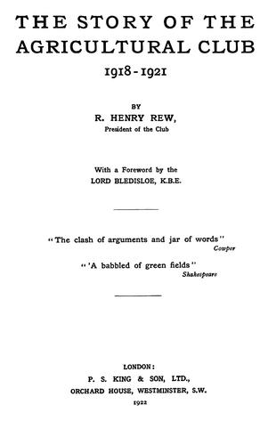 Cover for The story of the Agricultural Club, 1918-1921